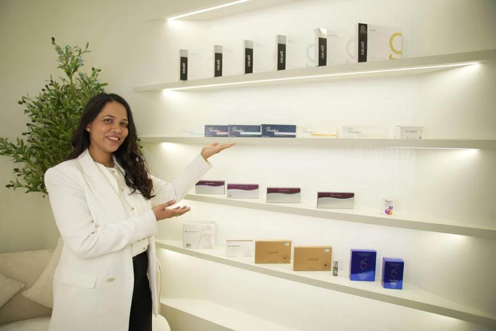 Dr. Shubhangi Perkar with the clinic's medical-grade product range